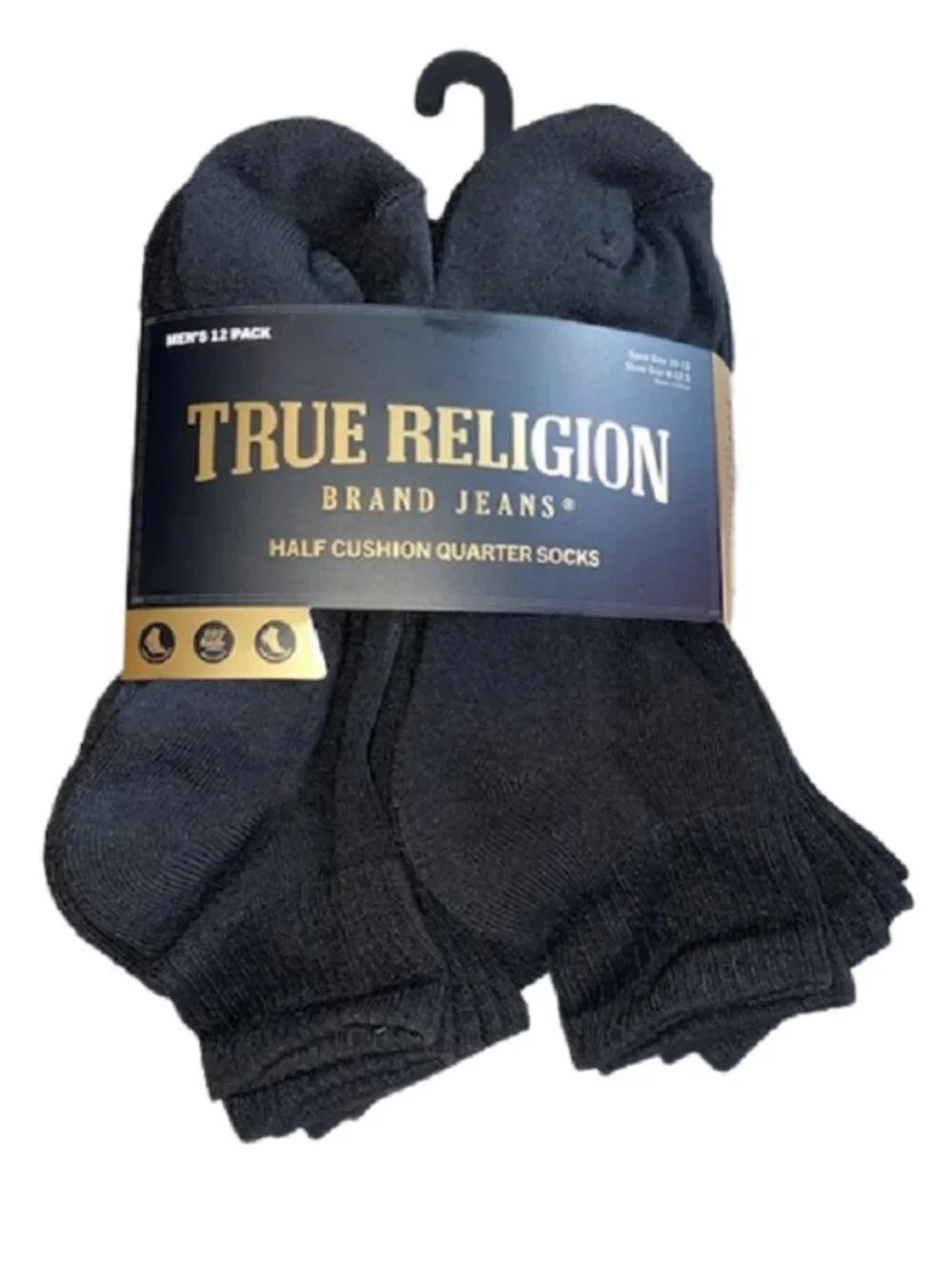 True Religion 12 Pair Men's Black Half Cushion Quarter Socks Sock Size 10-13